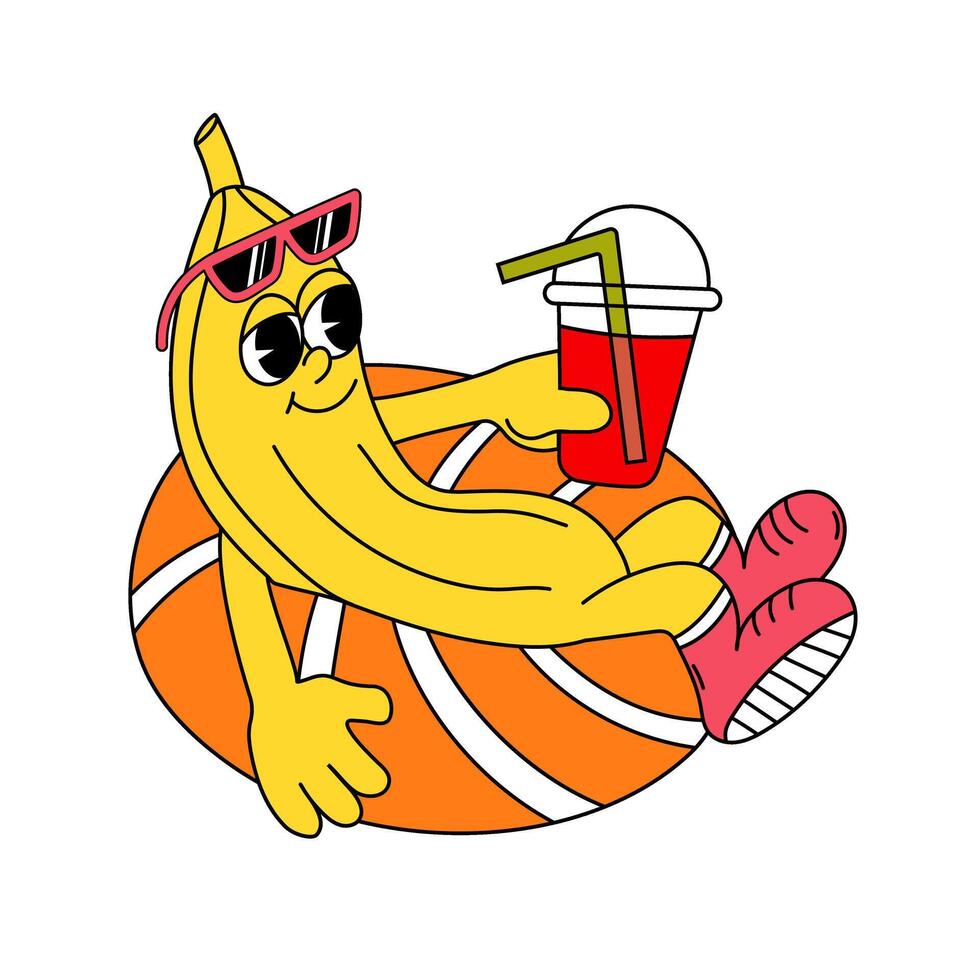 Retro banana characters in groovy style. Smiling fruit mascot in inflatable lap with juice. Summer vector