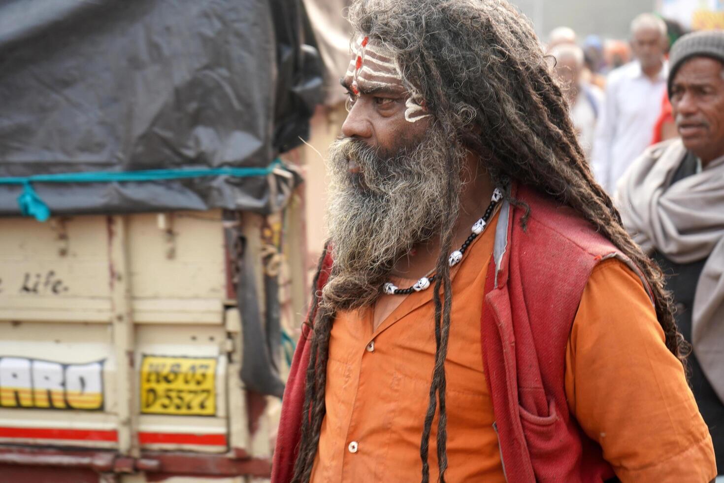 15th January 2023, Kolkata, West Bengal, India. An Indian Sadhu or Monk at Kolkata GangaSagar Transit Camp photo