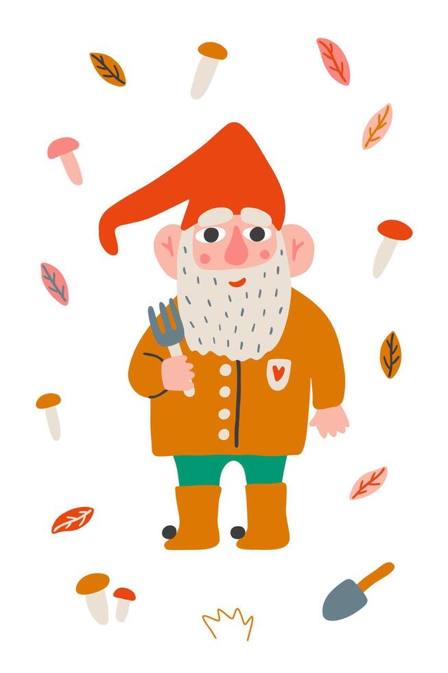 Little garden gnome with beard and cap. Cute elf. vector