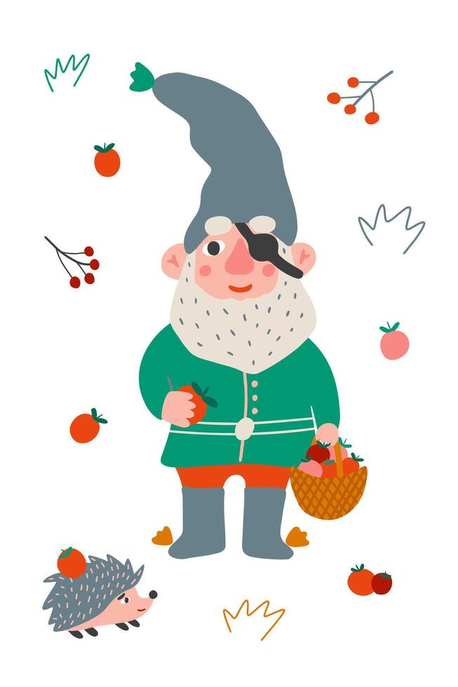 Little garden one-eyed gnome with beard. Cute elf. vector