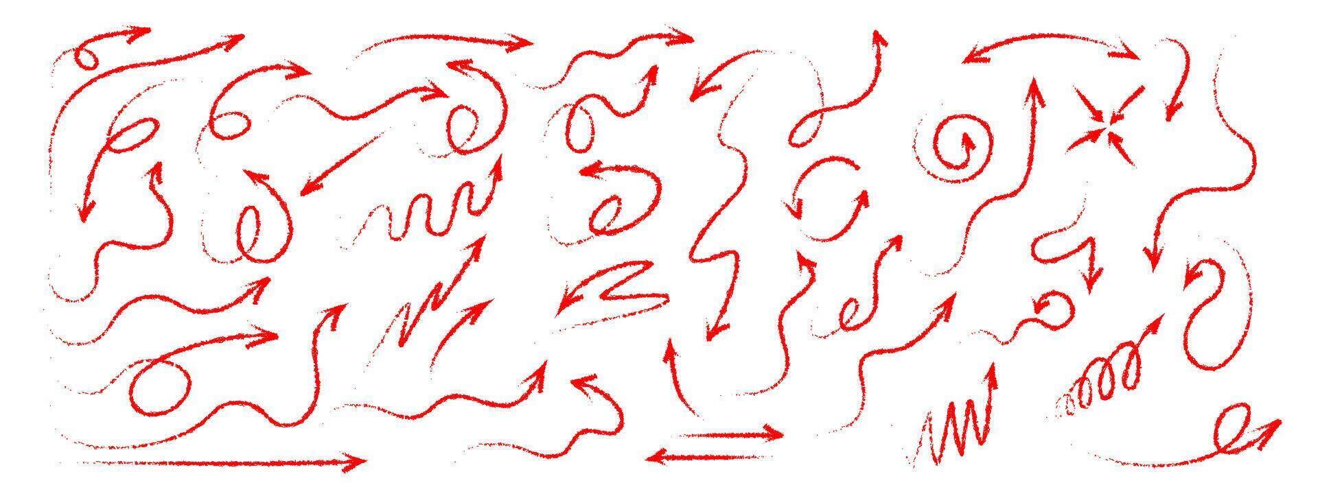 Set of grunge red arrows, hand painted. Curved, twisted and straight arrows drawn with wax pencils. set of pointers. vector