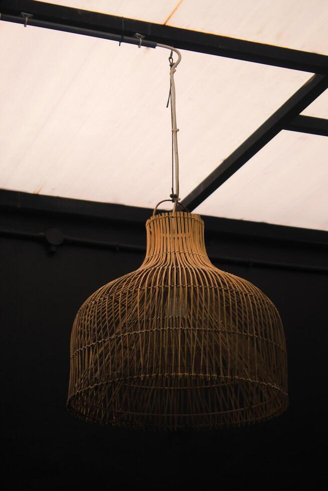 Straw lampshade in modern living room. Eco-friendly interior design using natural materials. photo