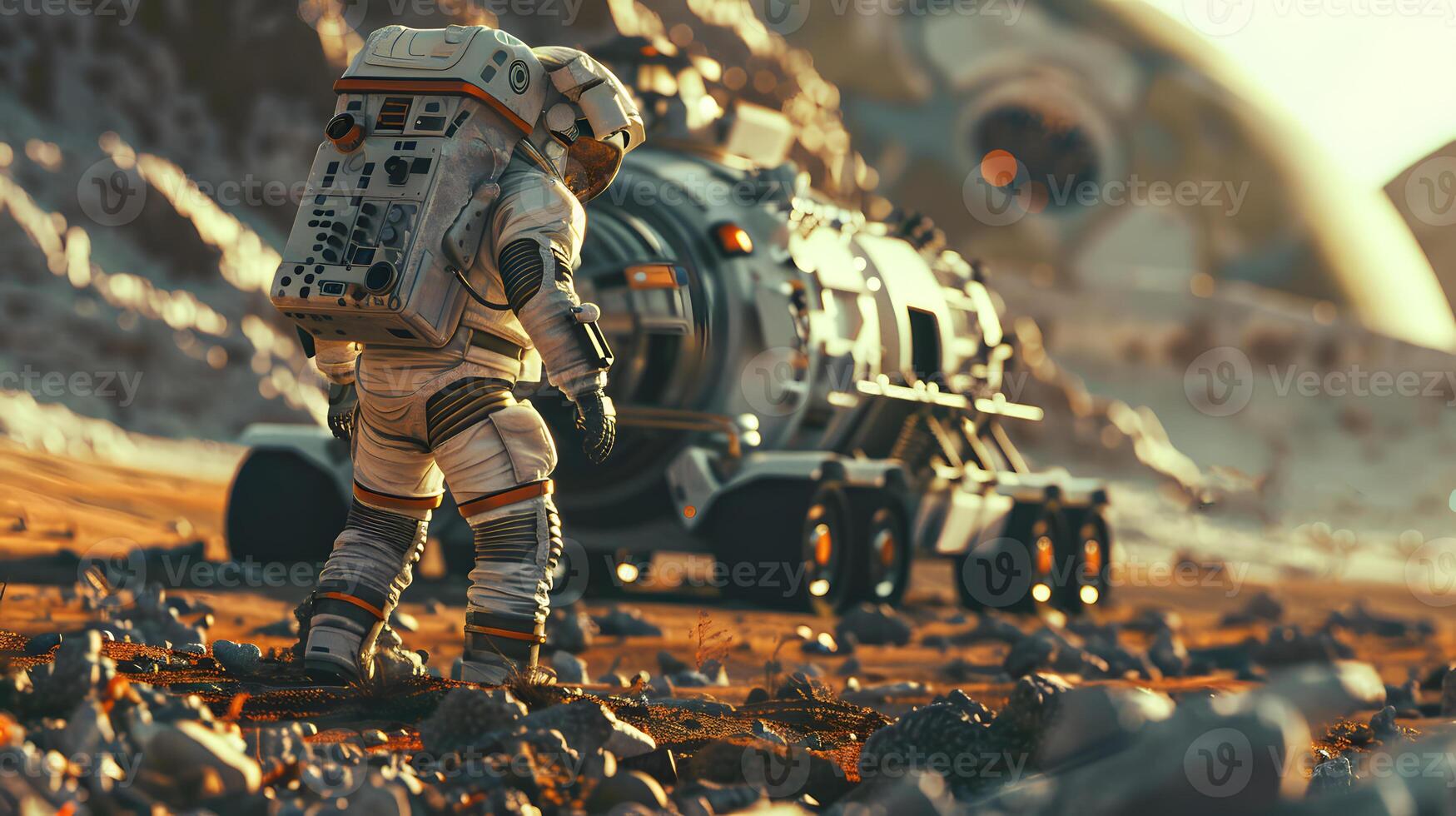An astronaut in a spacesuit on the surface of an uncharted planet. photo