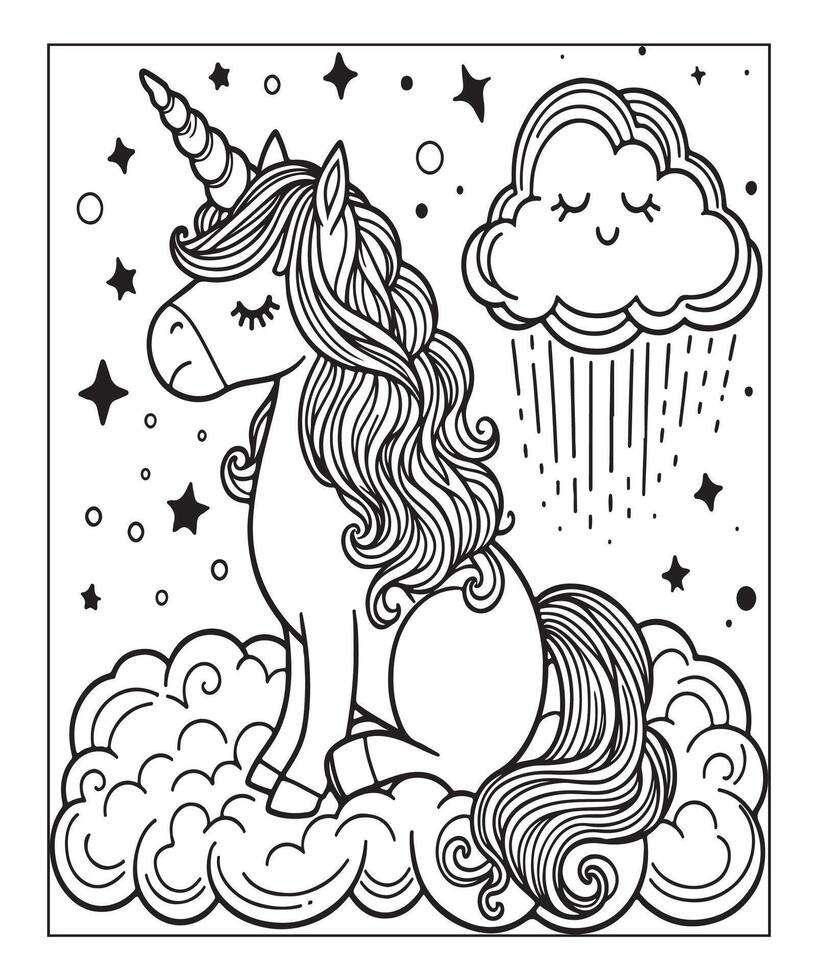 simple unicorn coloring page with unicorn and cloud vector