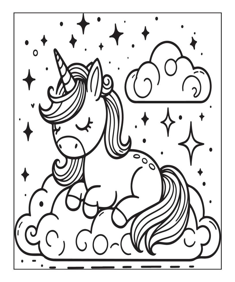 sencillo unicornio colorante página con unicornio y nube vector