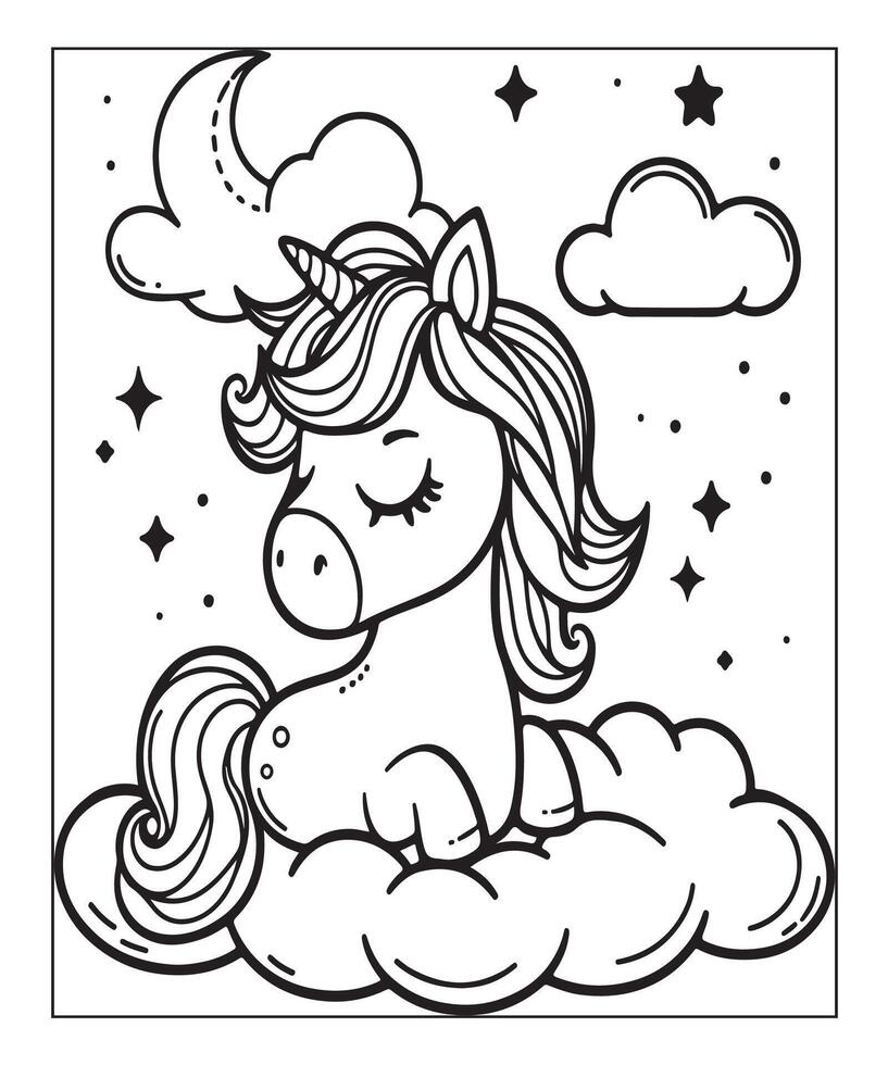 sencillo unicornio colorante página con unicornio y nube vector