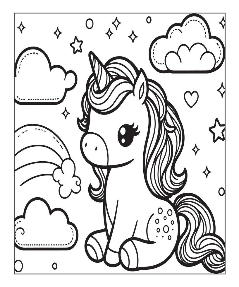 simple unicorn coloring page with unicorn and cloud vector