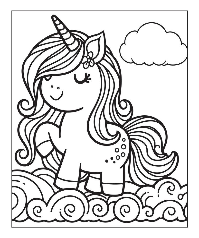 simple unicorn coloring page with unicorn and cloud vector