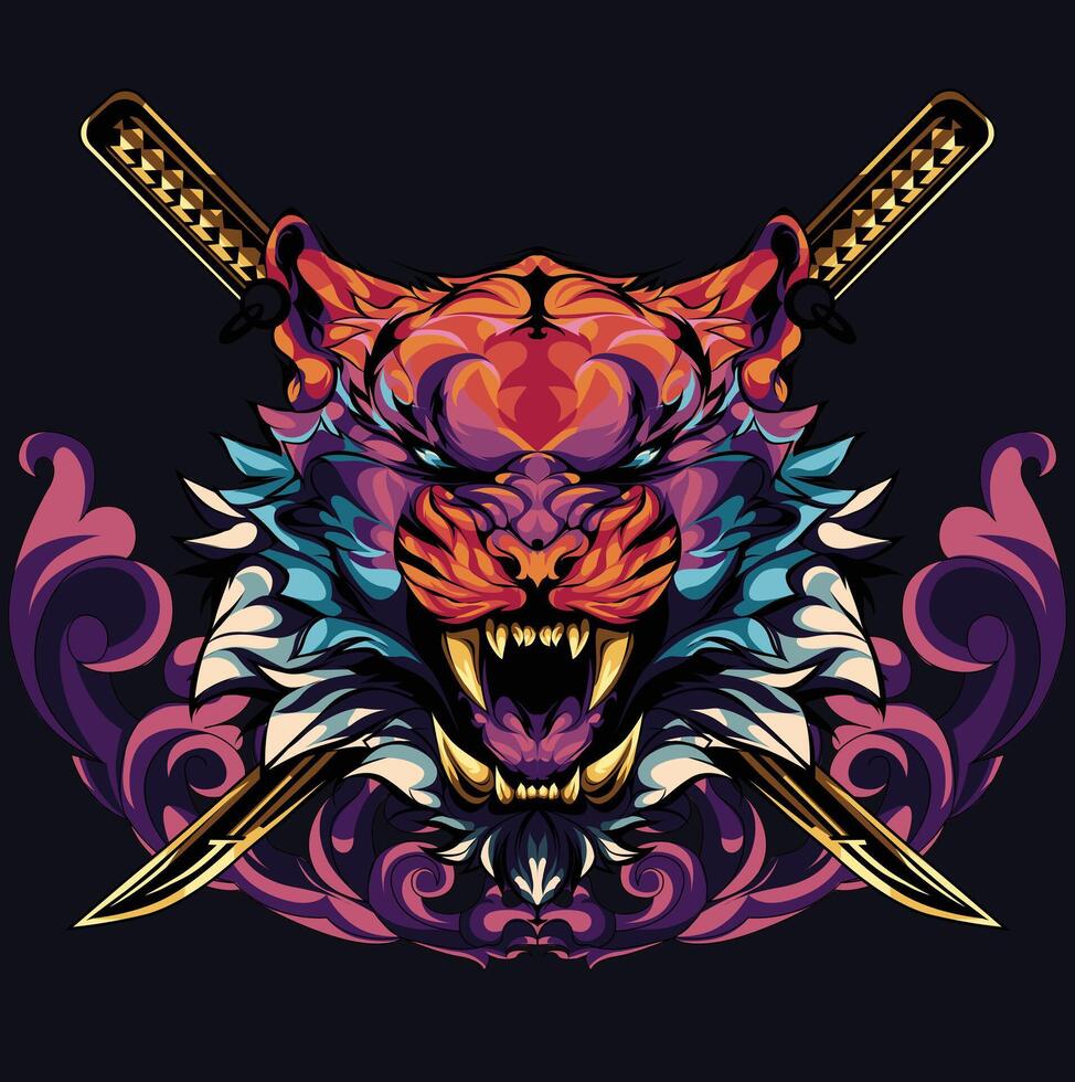 Tiger samurai illustration with sword behind vector