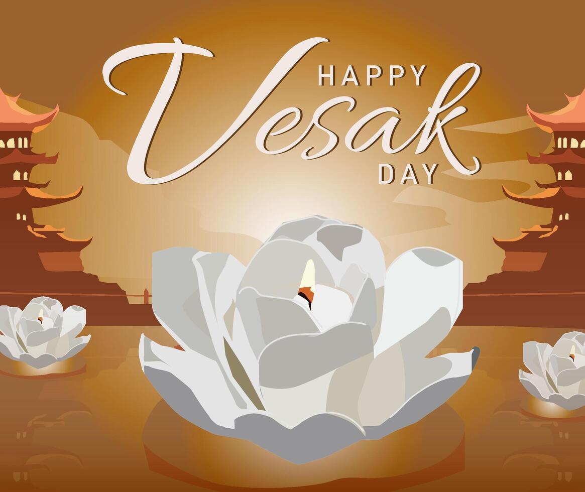 beautiful white lotus flowers blooming candle burning on river water temple background brown silhouette gold happy vesak day vector