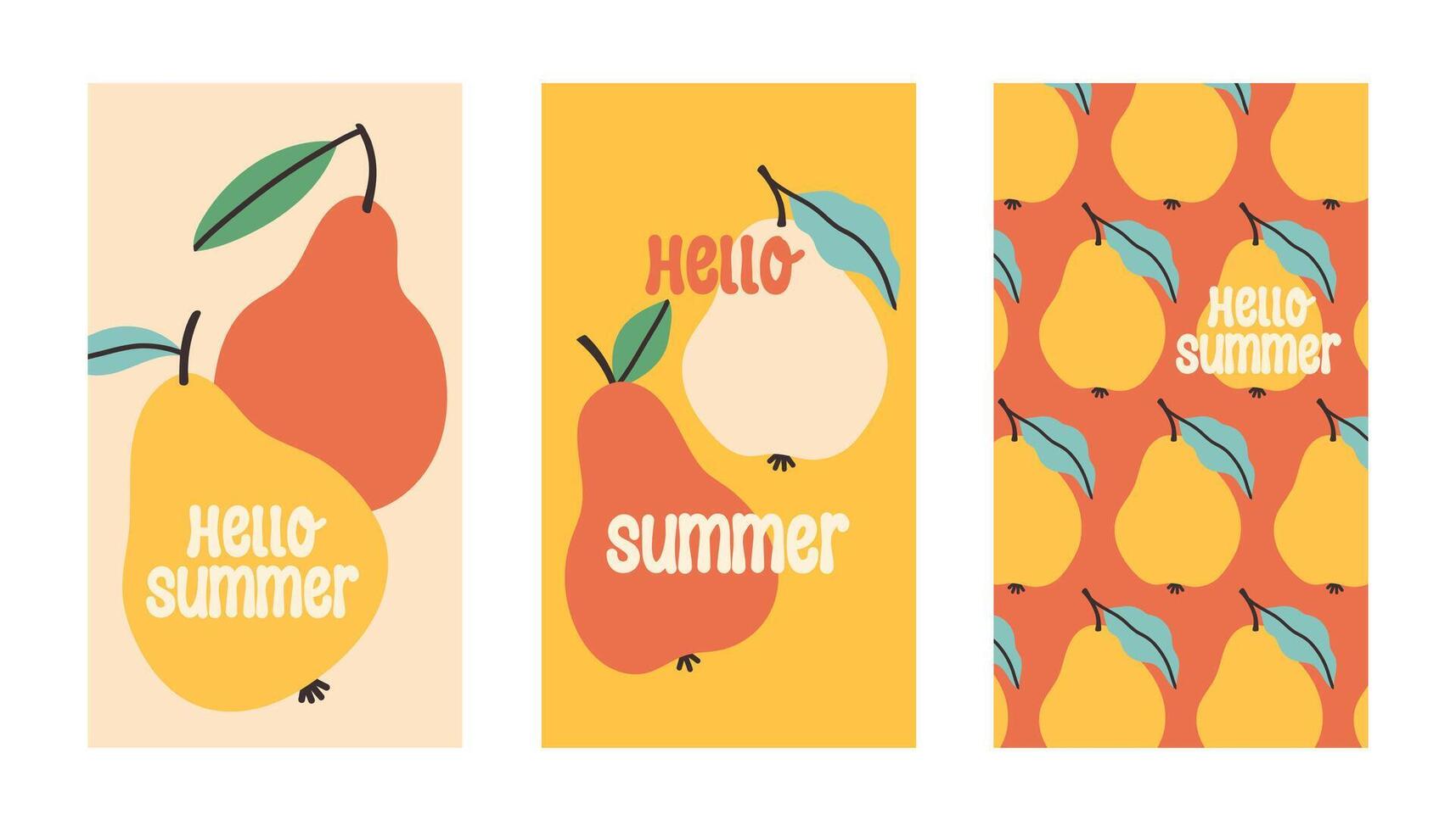 Summer poster pear set in flat style. Art for poster, postcard, wall art, banner background vector