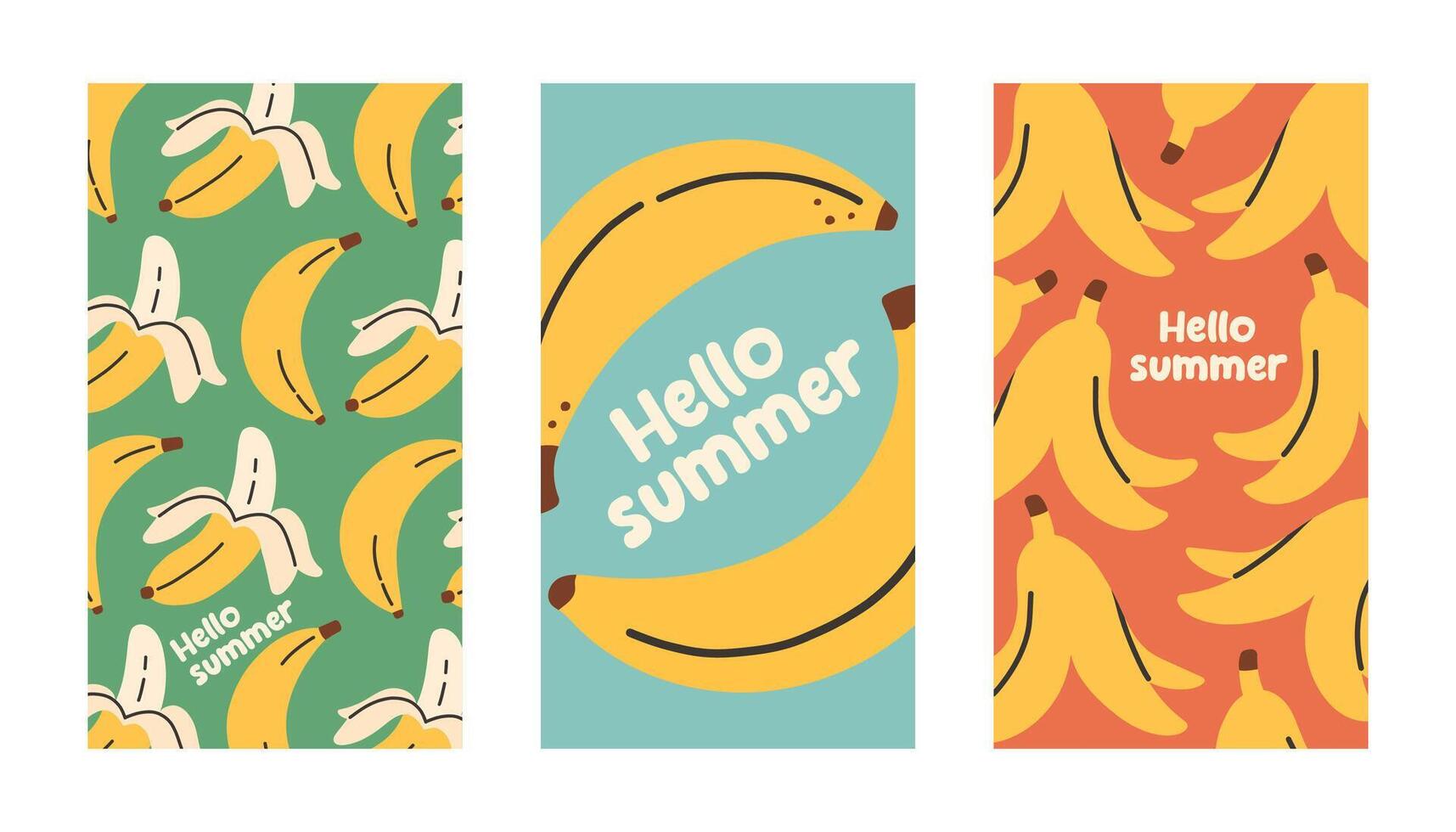 verano póster plátano conjunto en plano estilo. Arte para póster, tarjeta postal, pared arte, bandera antecedentes. plano dibujos animados ilustración vector