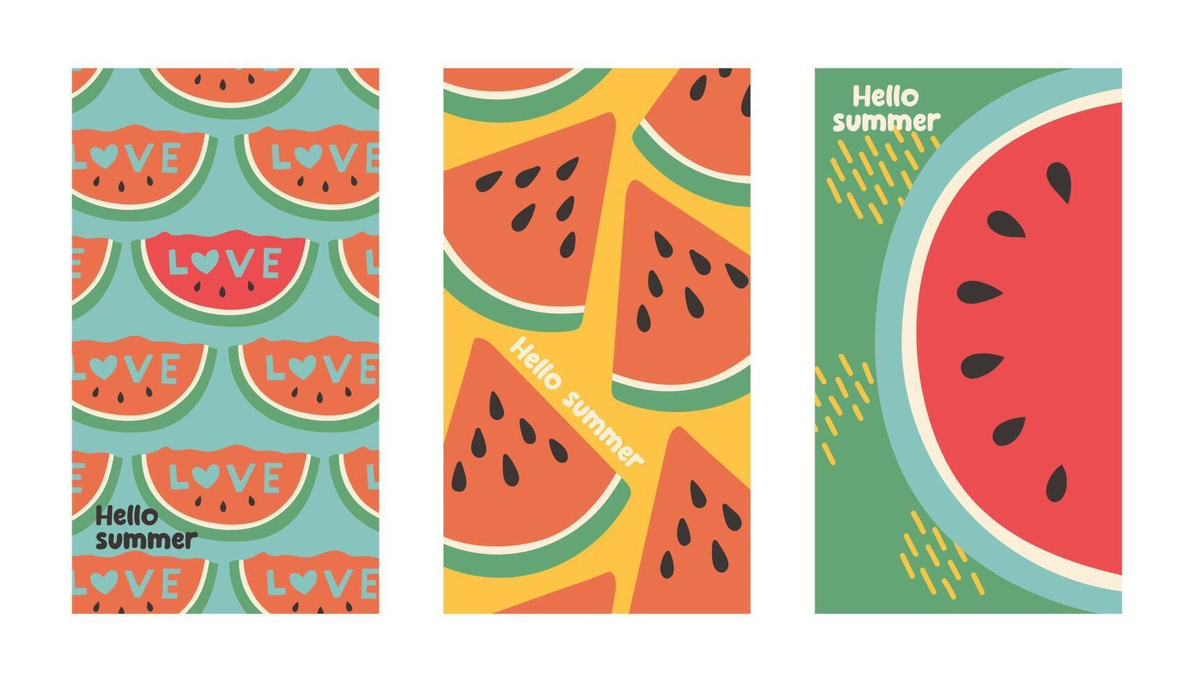 Summer poster watermelon set in flat style. Art for poster, postcard, wall art, banner background. Flat cartoon illustration vector