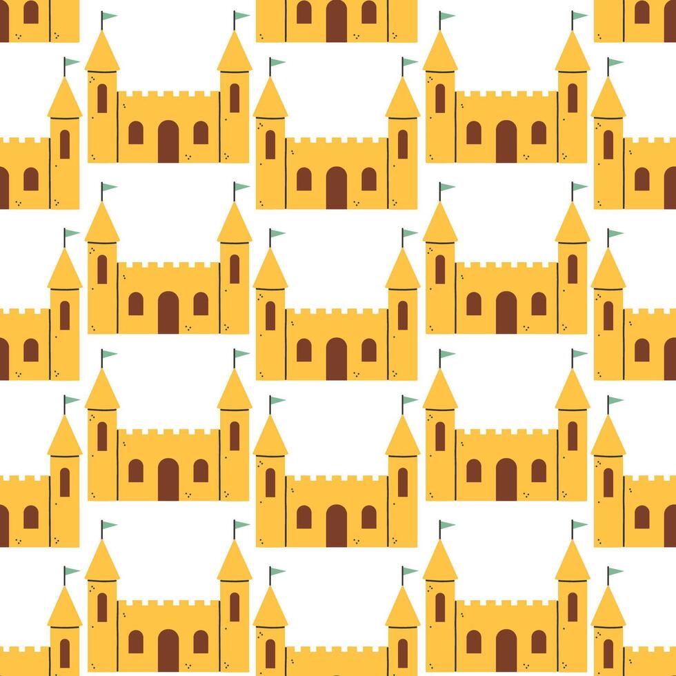 Summer sand castle pattern. Flat seamless pattern. Simple sand castle. Cartoon design. Flat illustration isolated. vector