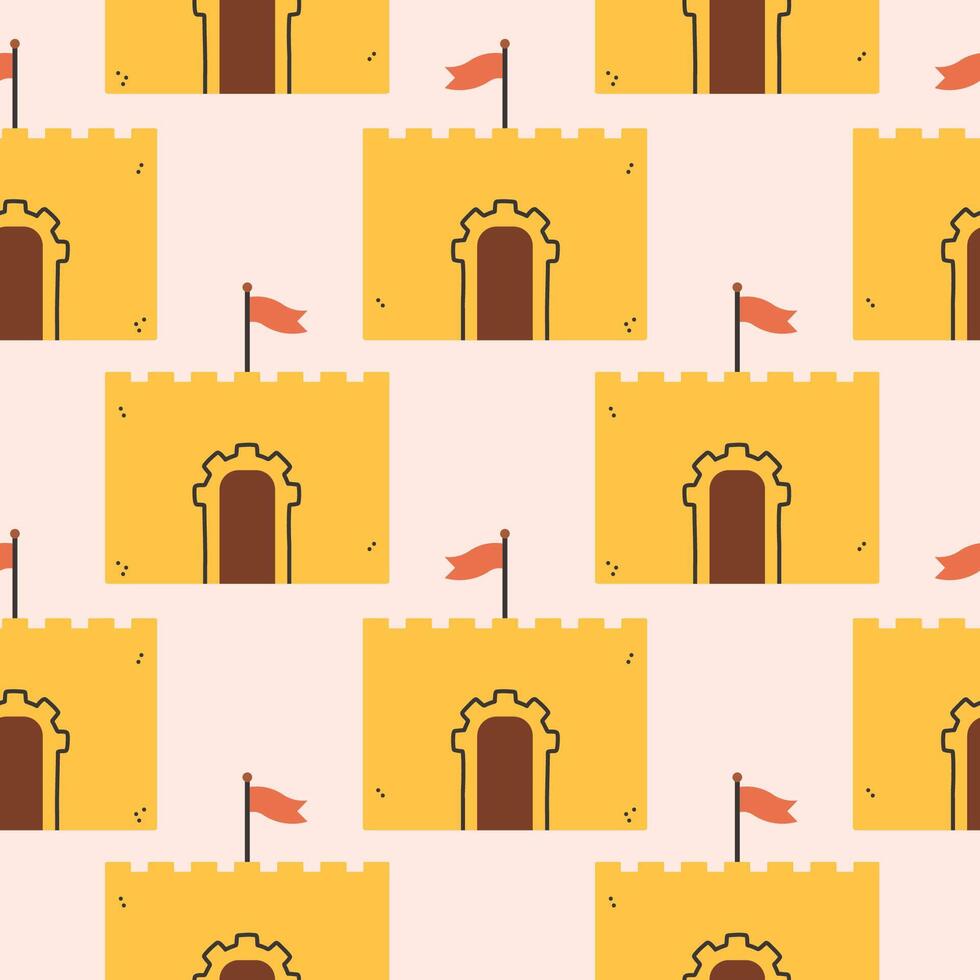 Summer sand castle pattern. Flat seamless pattern. Simple sand castle. Cartoon design. Flat illustration isolated. vector