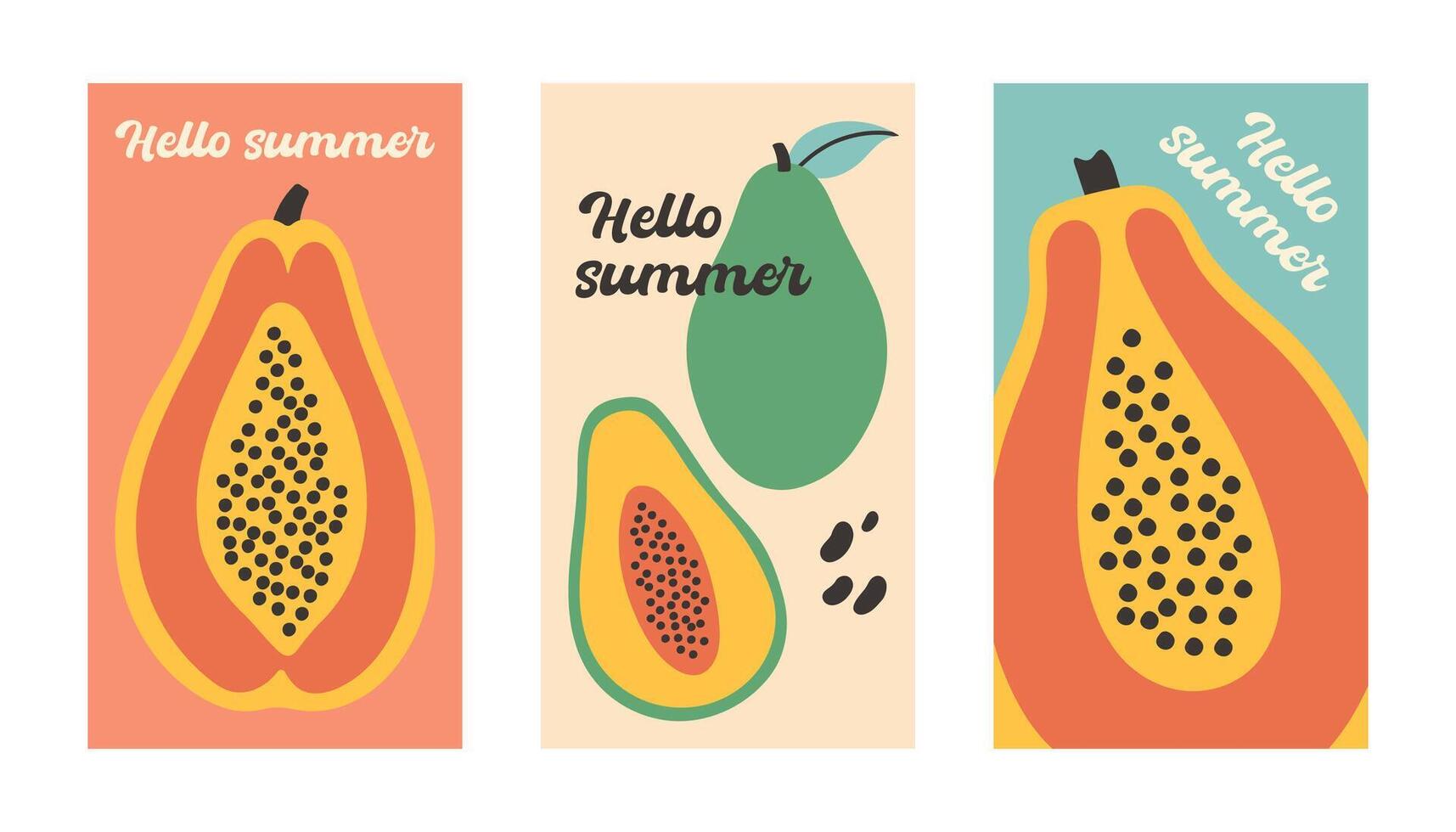verano póster papaya conjunto en plano estilo. Arte para póster, tarjeta postal, pared arte, bandera antecedentes. plano dibujos animados ilustración vector