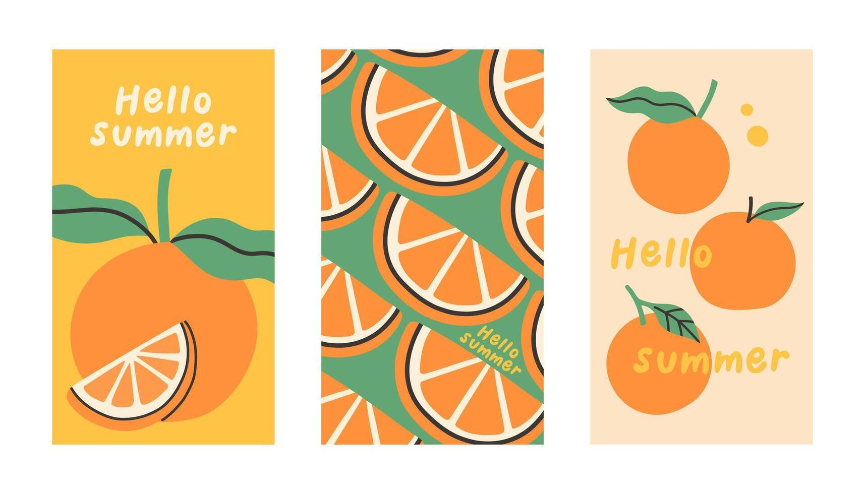 verano póster naranja conjunto en plano estilo. Arte para póster, tarjeta postal, pared arte, bandera antecedentes. plano dibujos animados ilustración vector