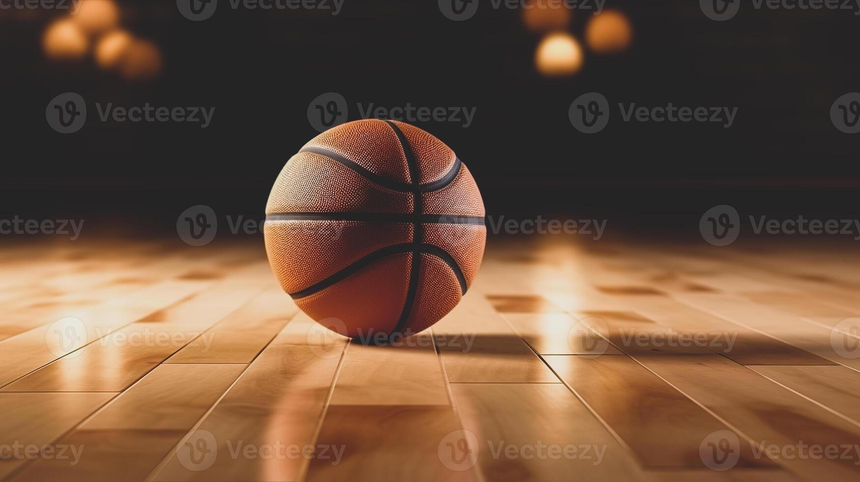 The basketball ball lies on the parquet in the middle of the arena photo