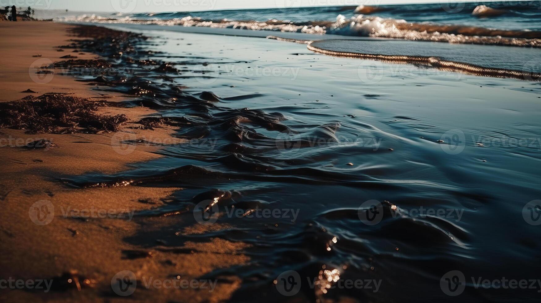 grueso petróleo resbaloso en el costa. olas traer más y más combustible petróleo a el arenoso costa. foto
