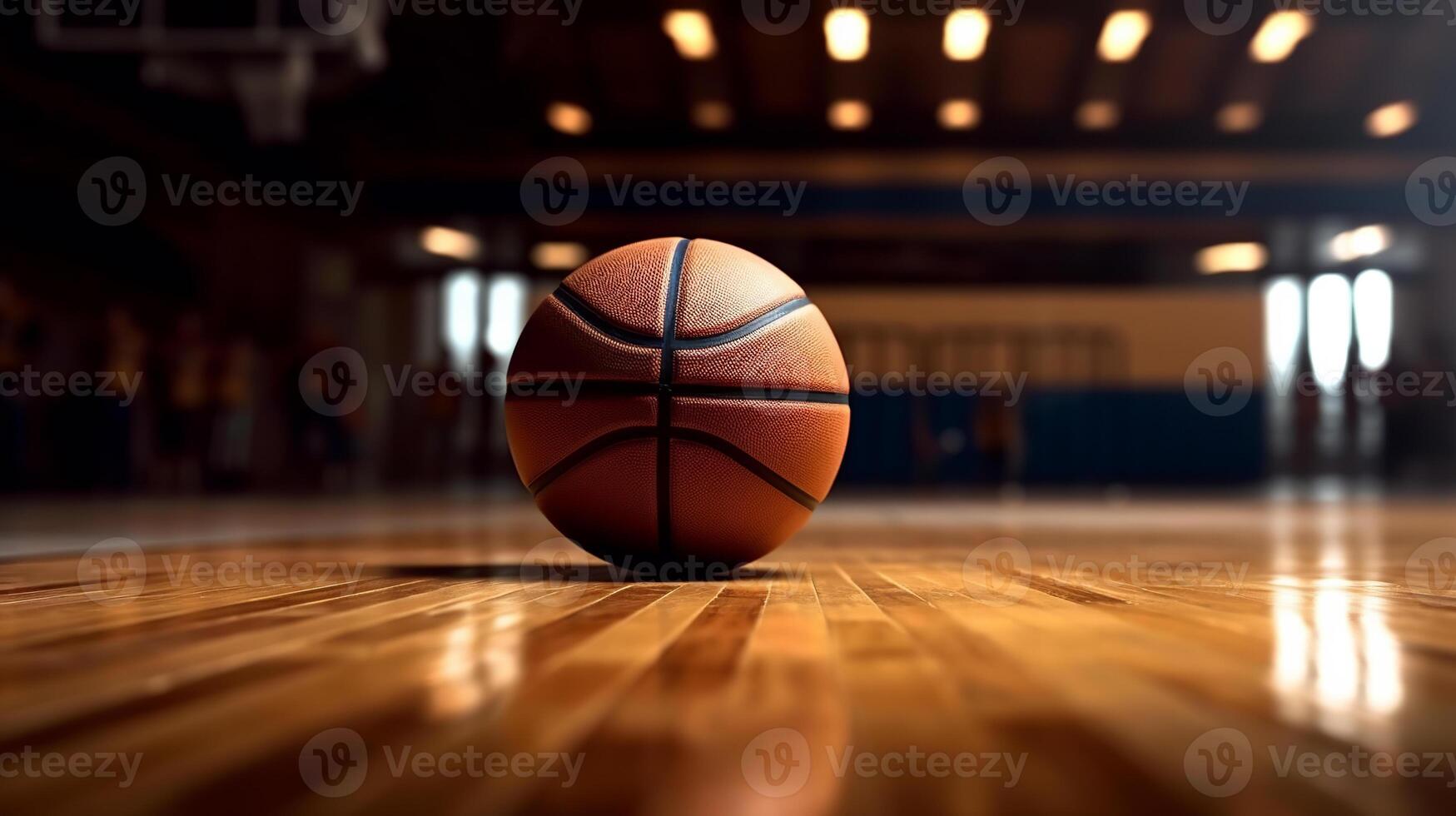 The basketball ball lies on the parquet in the middle of the arena photo