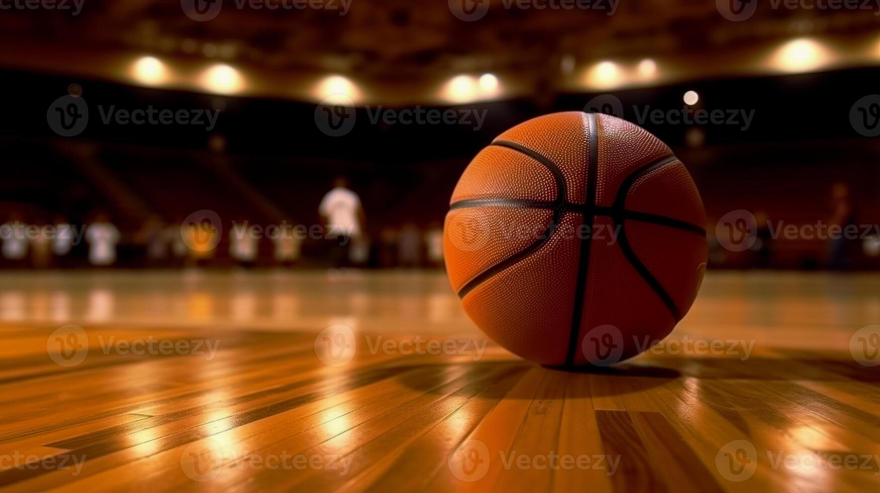 The basketball ball lies on the parquet in the middle of the arena. photo