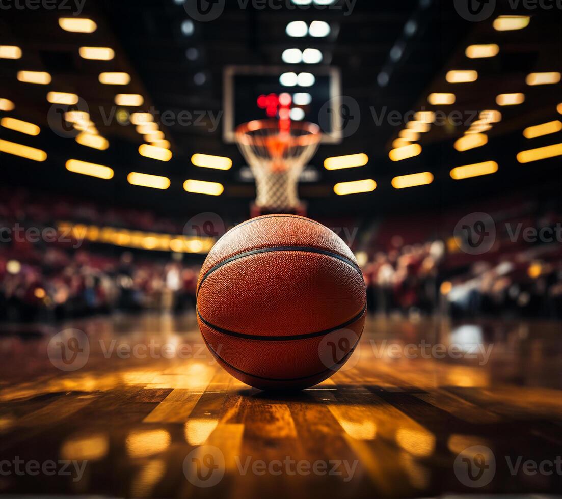 A basketball is lying on the floor in front of the basketball hoop. Basketball arena with fans photo