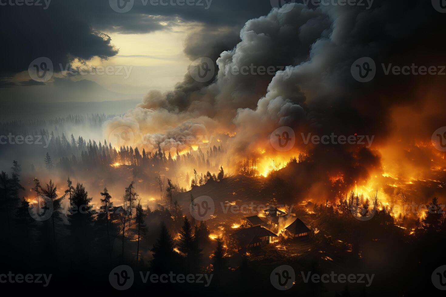 Large forest fire. Strong fire with smoke photo