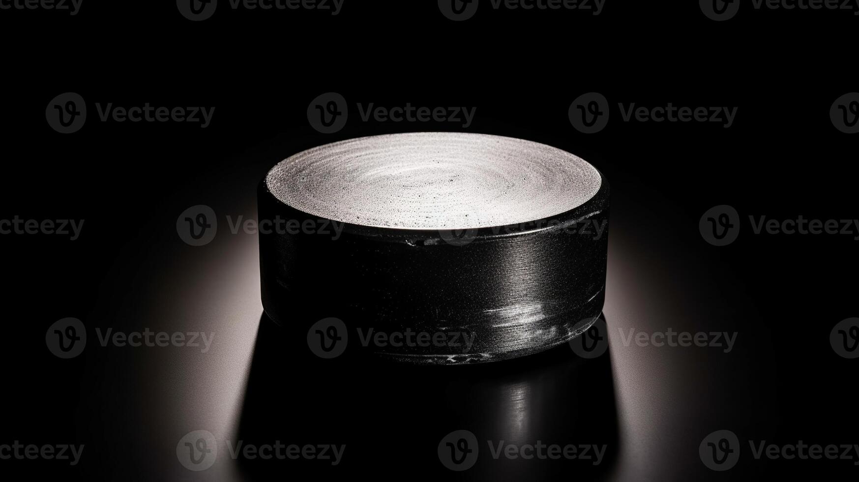 An illuminated hockey puck on a black background photo