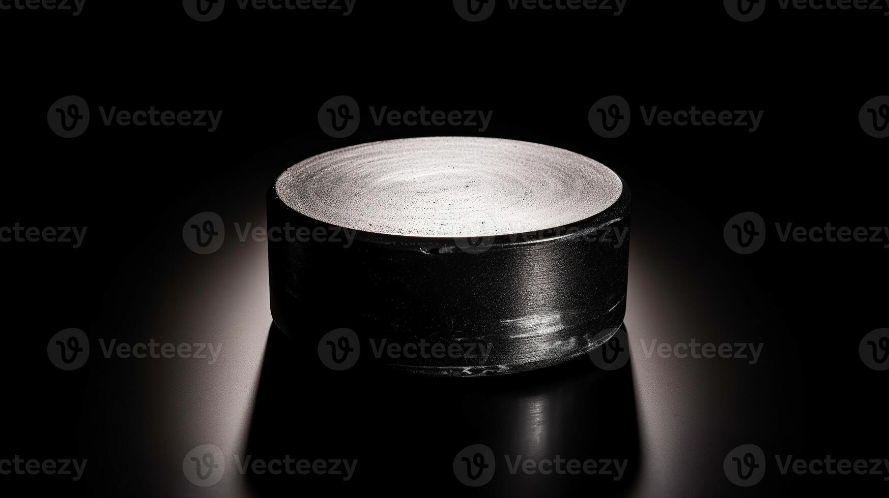 An illuminated hockey puck on a black background photo