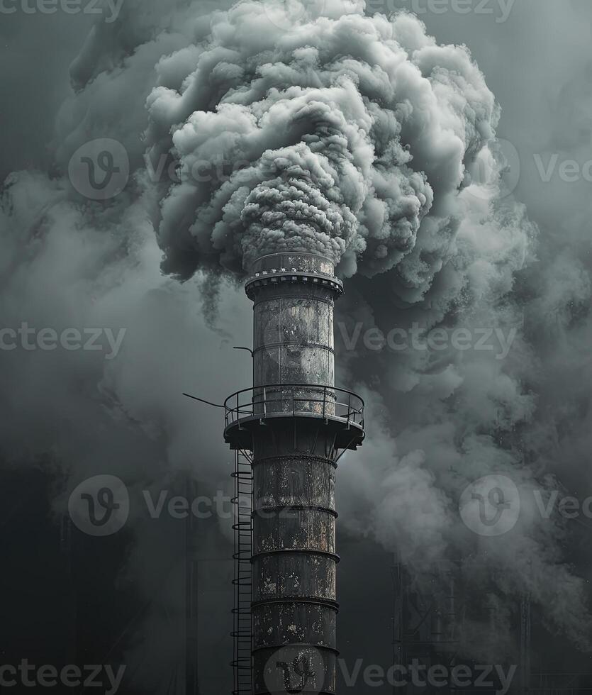 There is smoke coming from a tall factory chimney. Environmental contamination photo