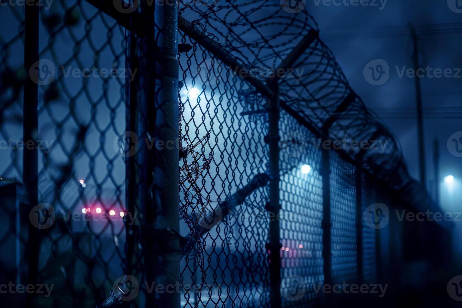 A closeup of the barbed wire on top of an outdoor fence symbolizing security and protection photo