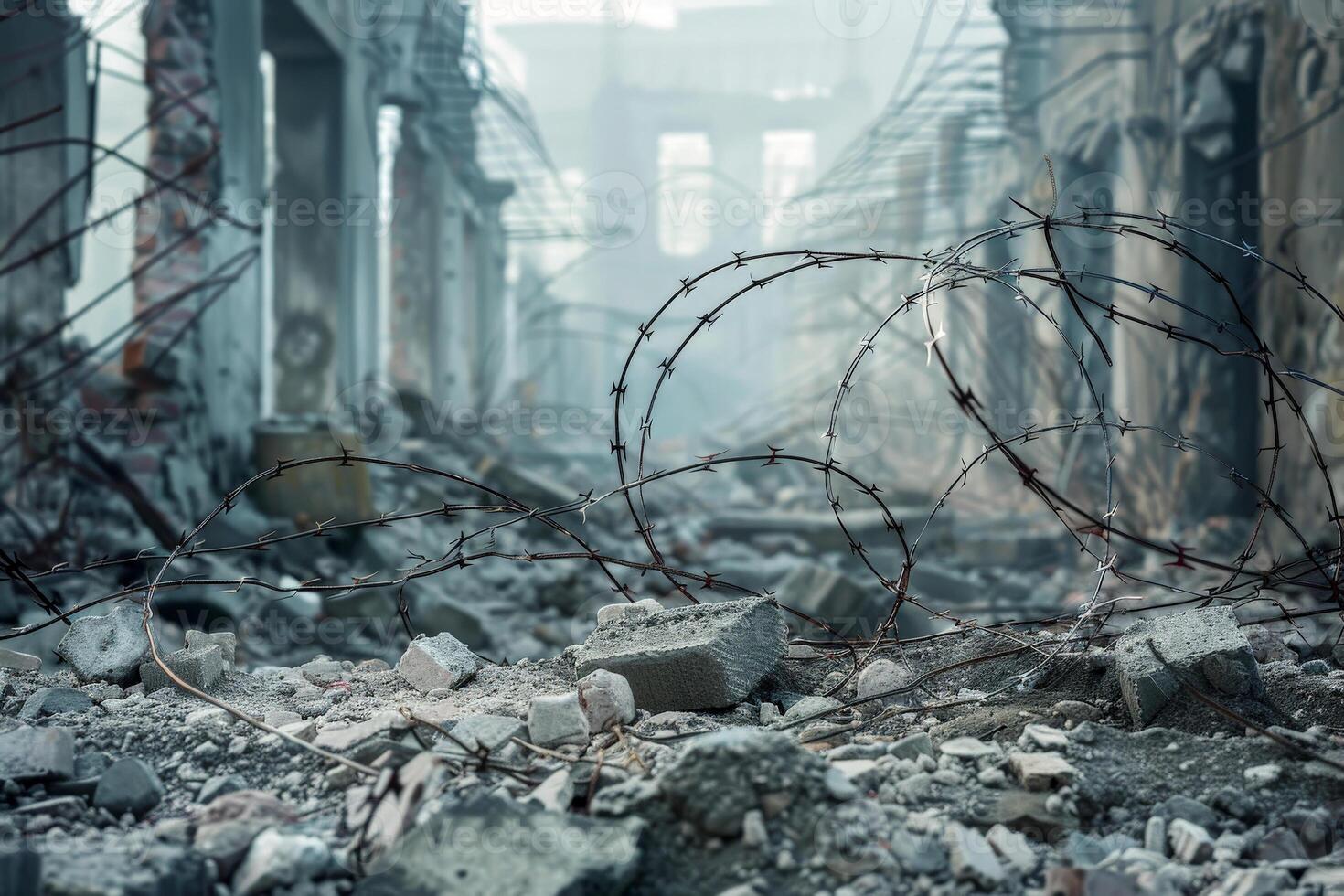 a fallen buildings with concrete in the barbed wire on top of an outdoor fence symbolizing security and protection photo