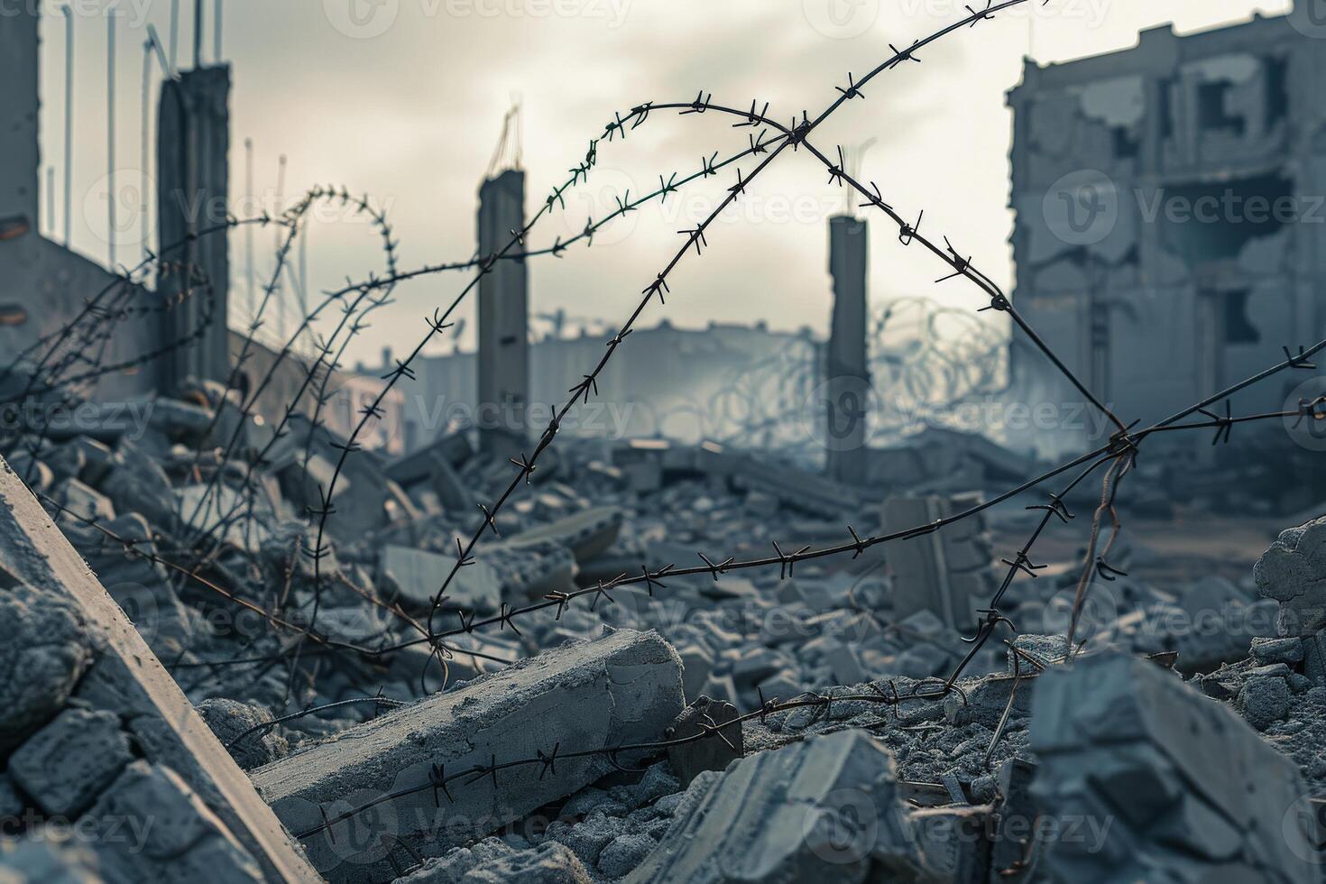 a fallen buildings with concrete in the barbed wire on top of an outdoor fence symbolizing security and protection photo