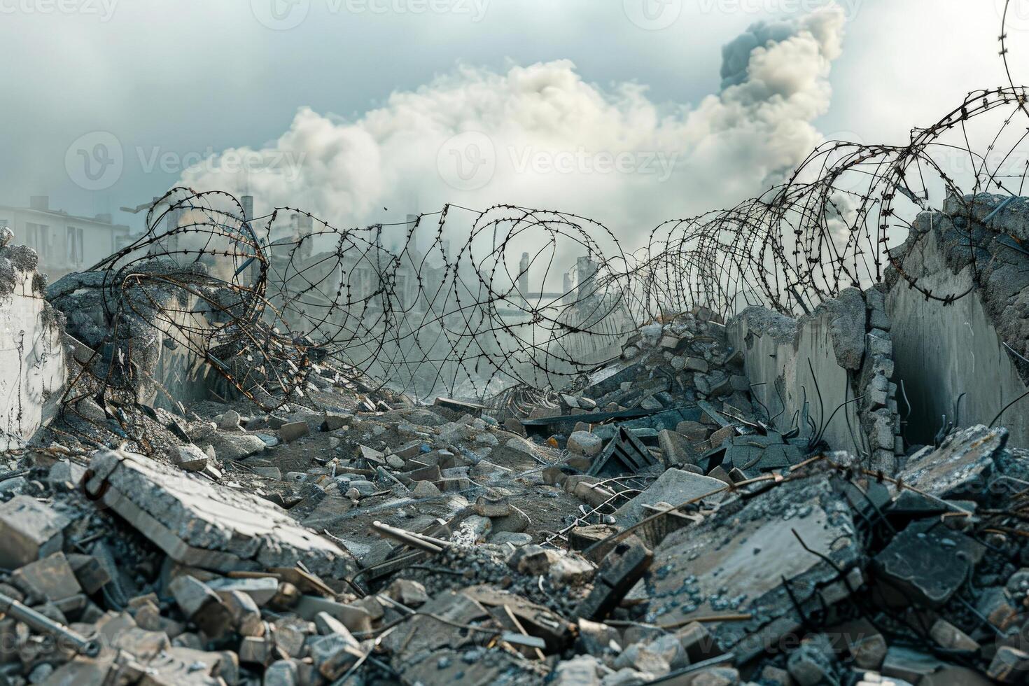 A closeup of the barbed wire on top of an outdoor fence symbolizing security and protection photo