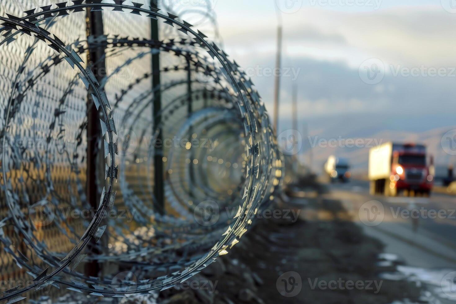 A closeup of the barbed wire on top of an outdoor fence symbolizing security and protection photo