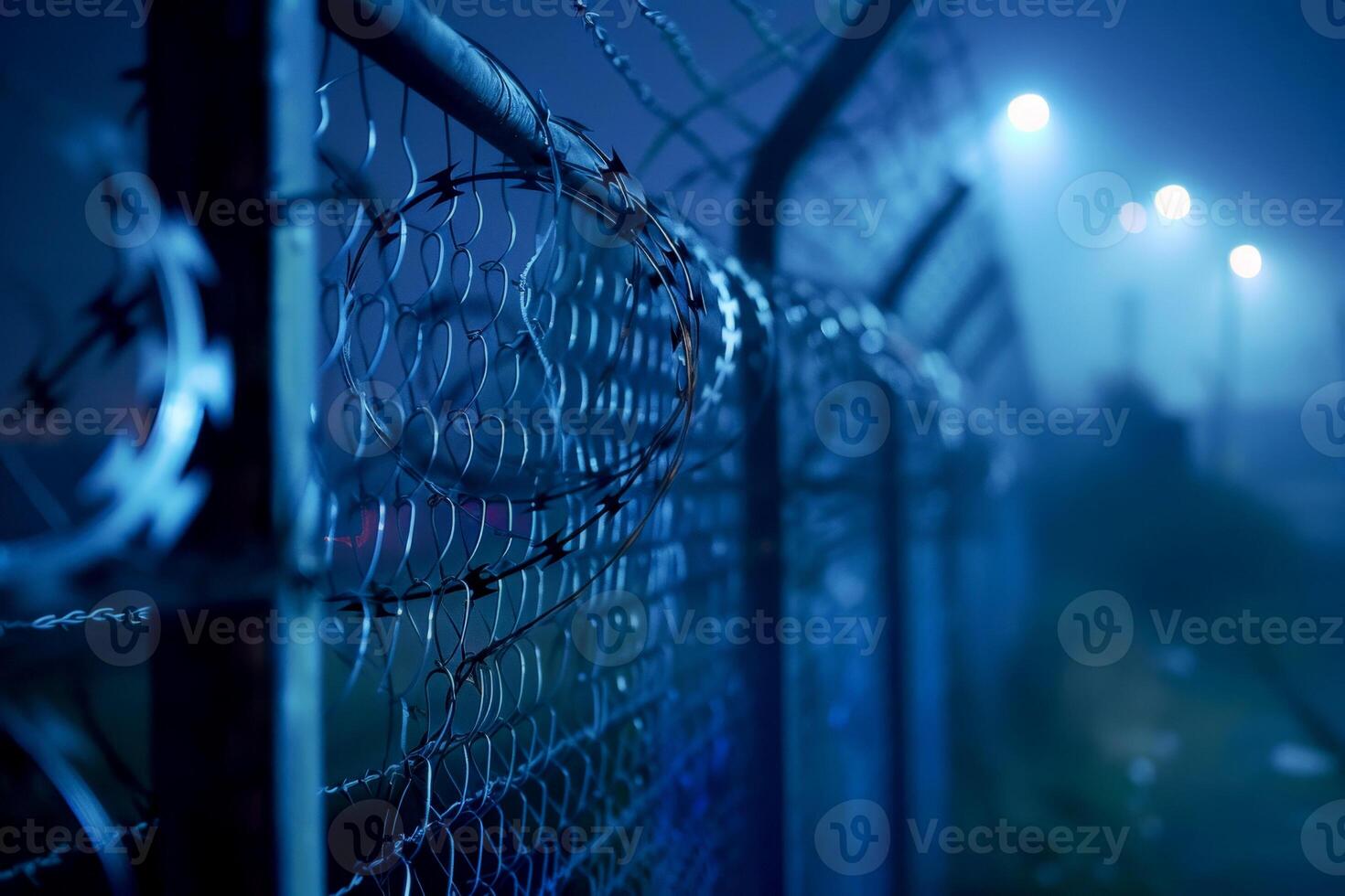 A closeup of the barbed wire on top of an outdoor fence symbolizing security and protection photo