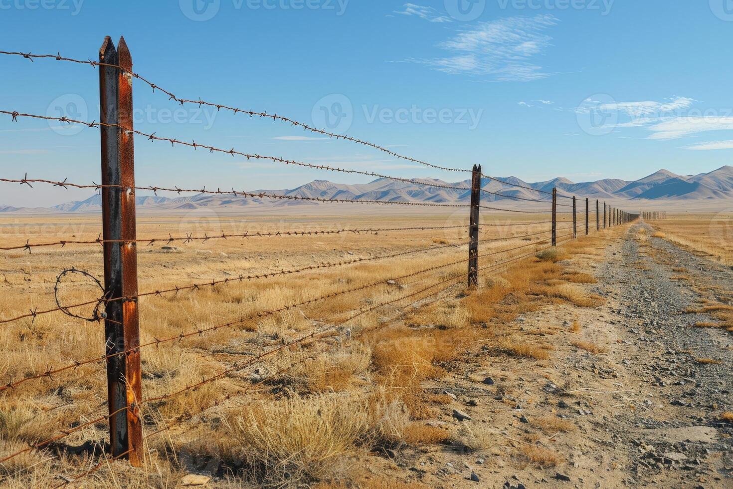 A closeup of the barbed wire on top of an outdoor fence symbolizing security and protection photo
