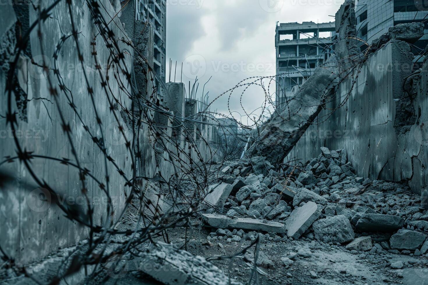 a fallen buildings with concrete in the barbed wire on top of an outdoor fence symbolizing security and protection photo