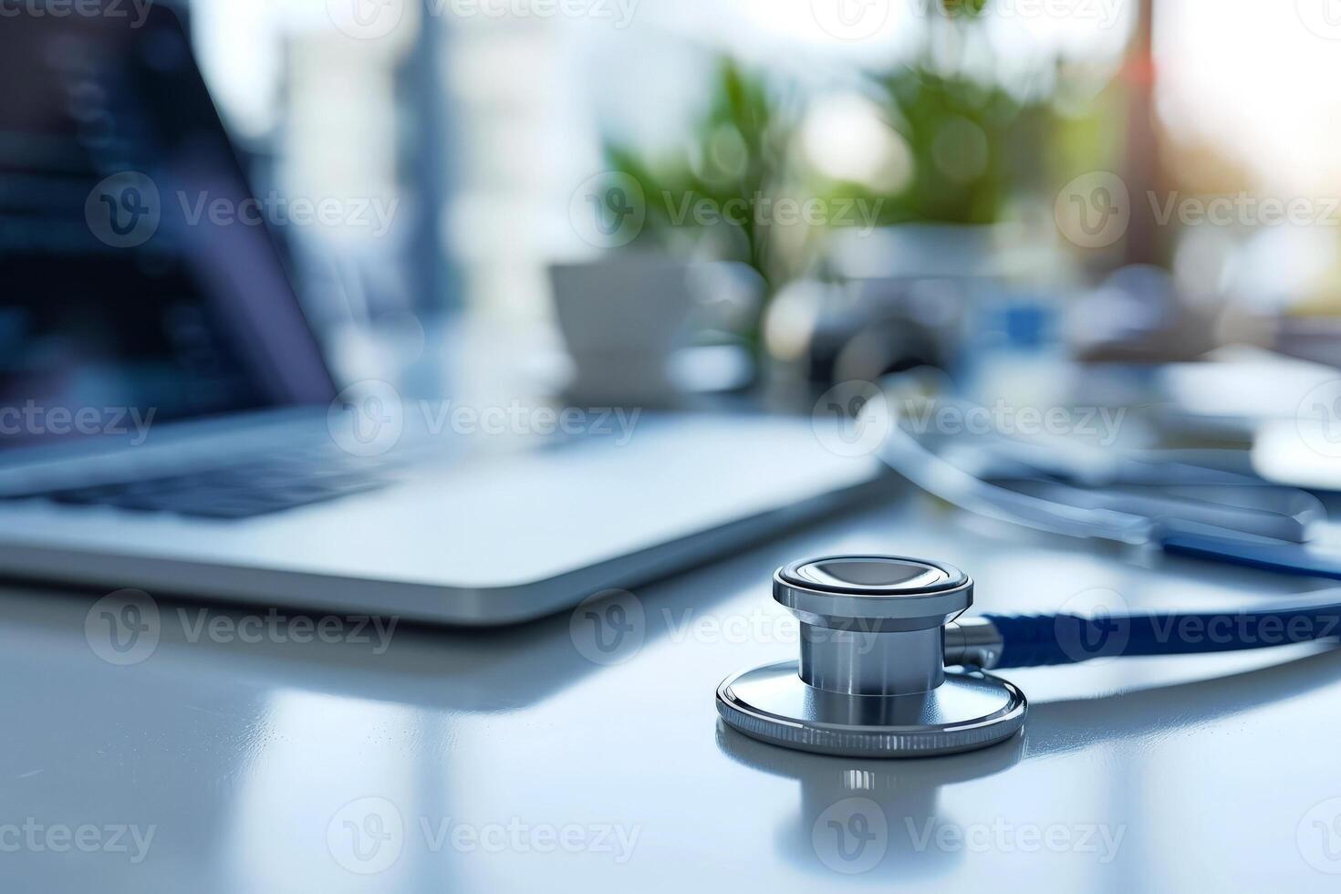 Close up a medical doctor stethoscope on the digital tablet on the table. photo