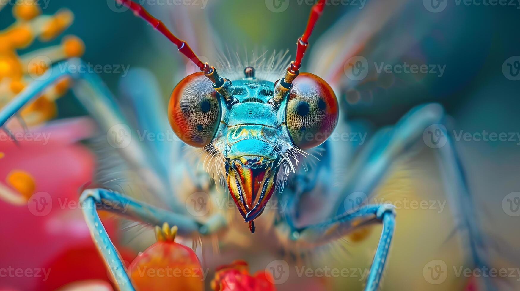 Macro photograph of an insect with legs, antennae and eyes. photo