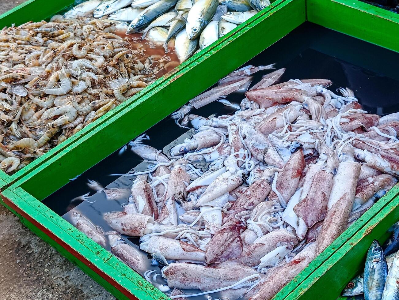 ventas de pindang pez, calamar y camarón foto