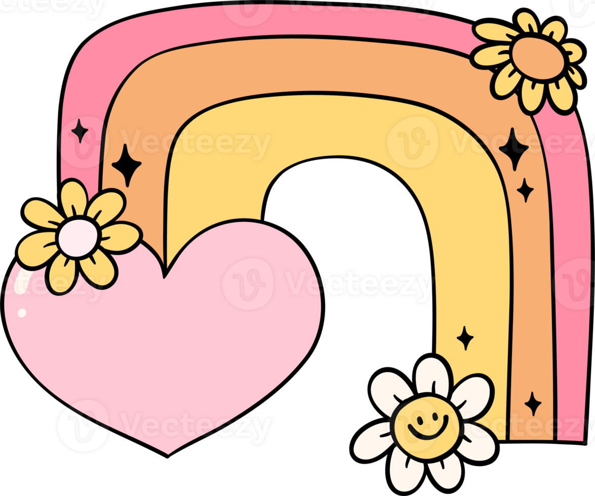 Groovy retro rainbow with heart png