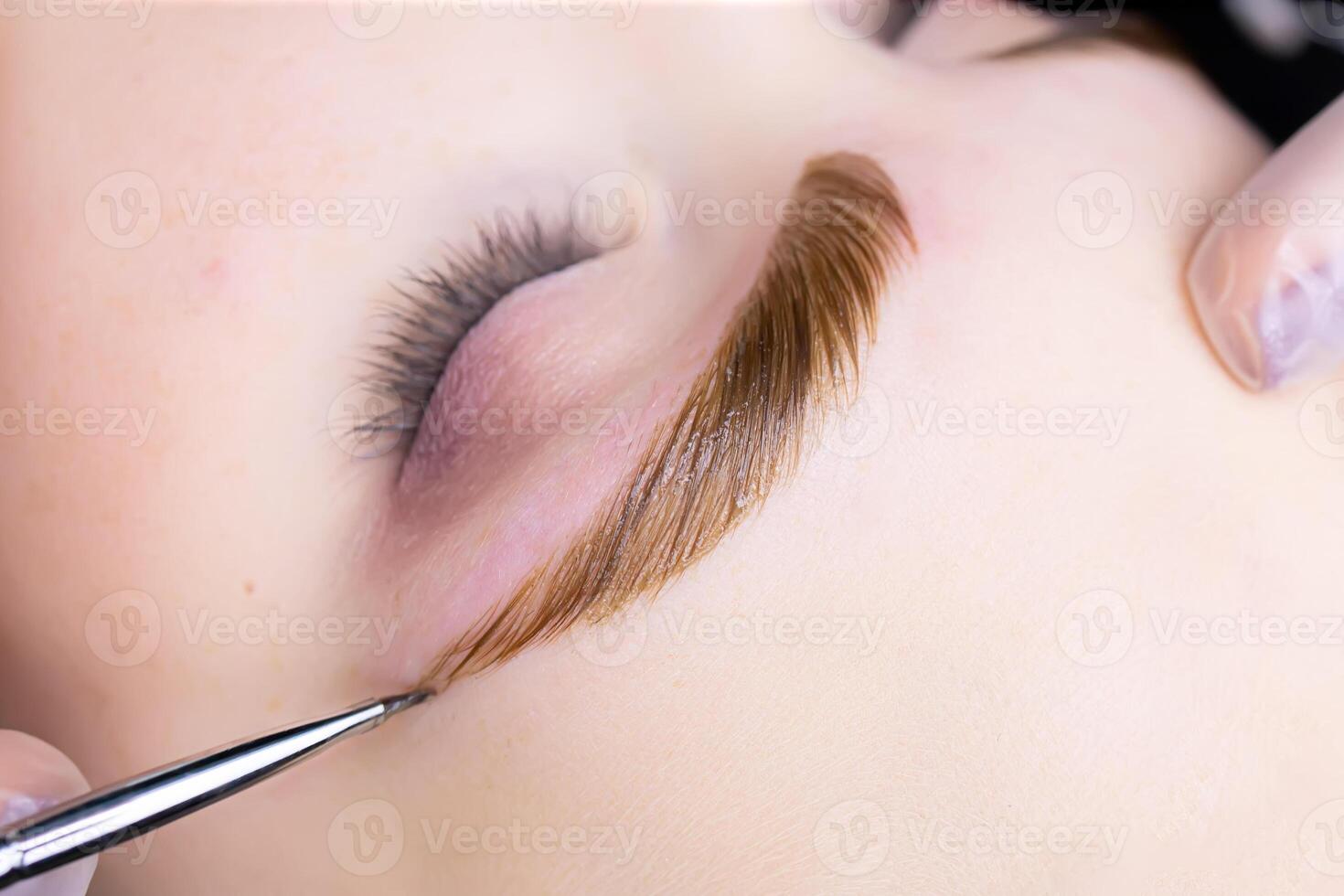 macro photography with applied paint on the hairs of the eyebrows of the model after the procedure of long-term eyebrow styling compositions photo
