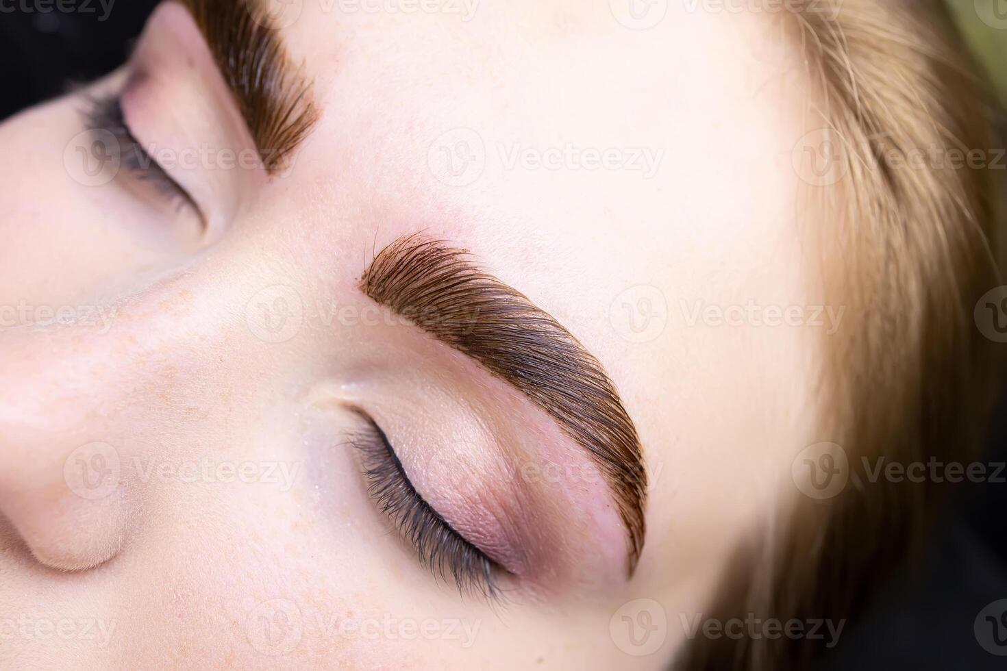 macro photography of eyebrow hairs with paint applied to them after the lamination procedure photo