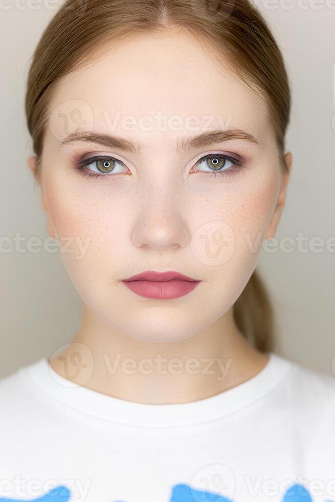 lamination of eyebrows portrait of the model before the procedure photo