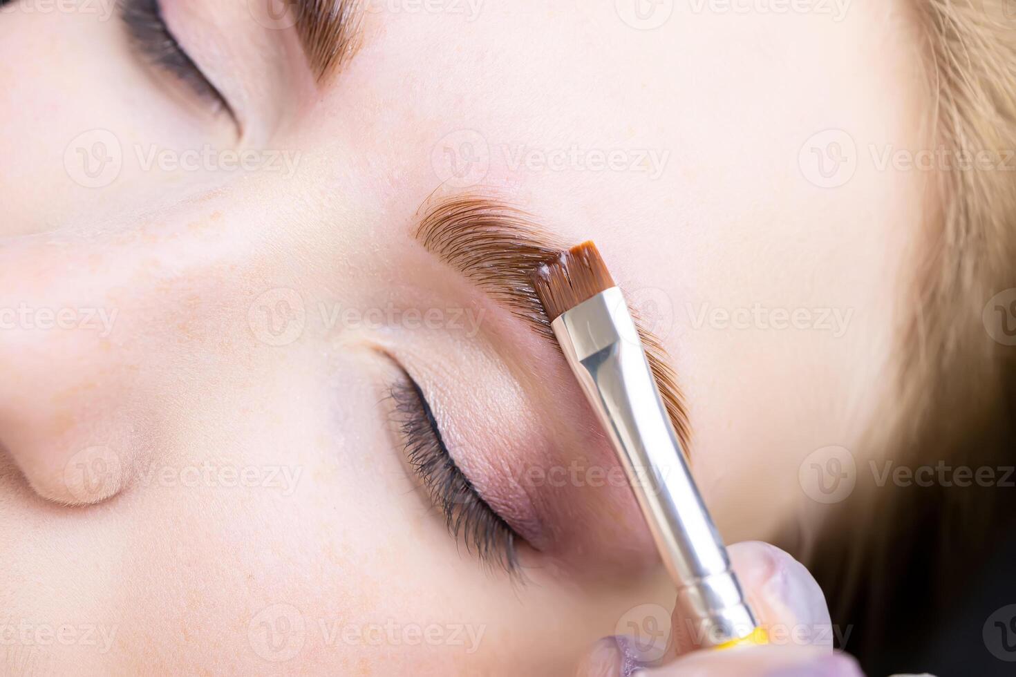 applying hair dye to the eyebrows of the model photo