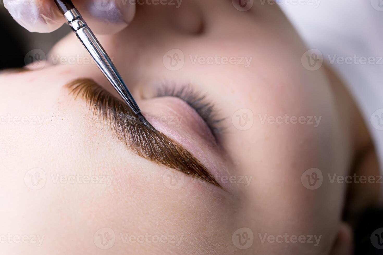 macro fotografía de ceja pelos, en cuales pintar es aplicado con un cepillo para colorante después el procedimiento de a largo plazo peinado y laminación de Cejas foto