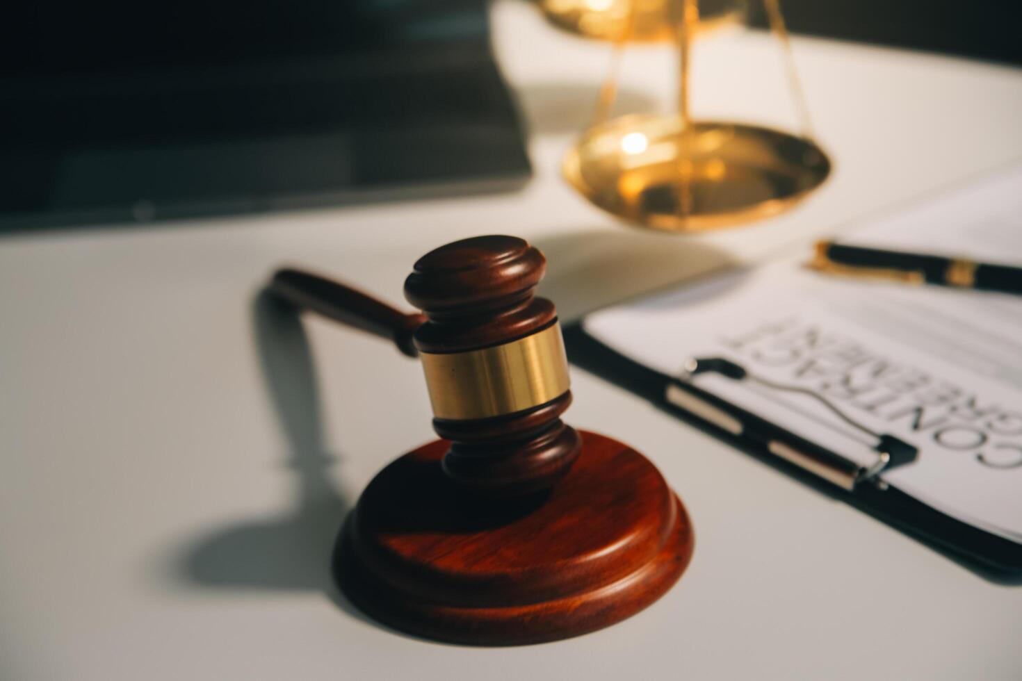 Lawyer, legal advisor, businessman brainstorming information on agreement details Business contracts in legal processing books for accuracy in contract documents. joint financial investment. photo