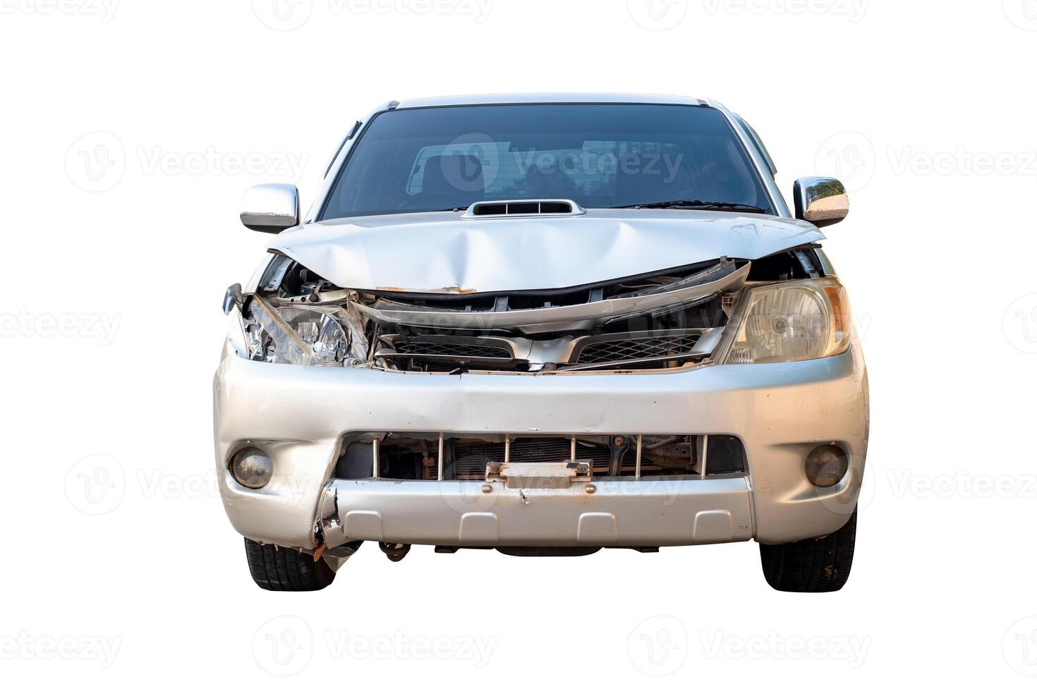 Front of broze or gray pickup get damaged by accident on the road. damaged cars after collision. isolated on white background, car crash bumper for graphic design element,clipping path photo