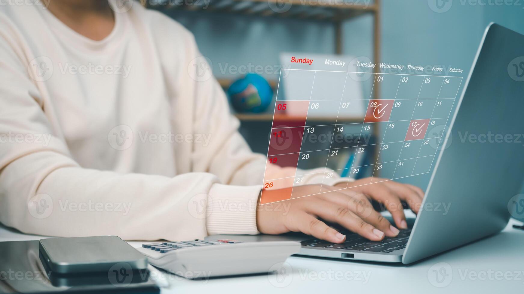 Business woman marking dates on virtual calendar, managing his business schedule, setting reminders for important appointments, creative collage for planning ideas, appointment scheduler photo